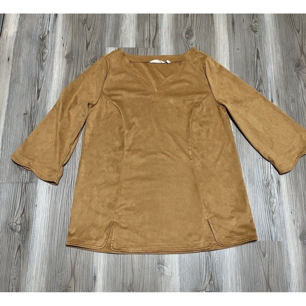 Soft Surroundings Womens PS Tunic Top Camel Tan Faux Suede 3/4 Boho Bell Sleeve